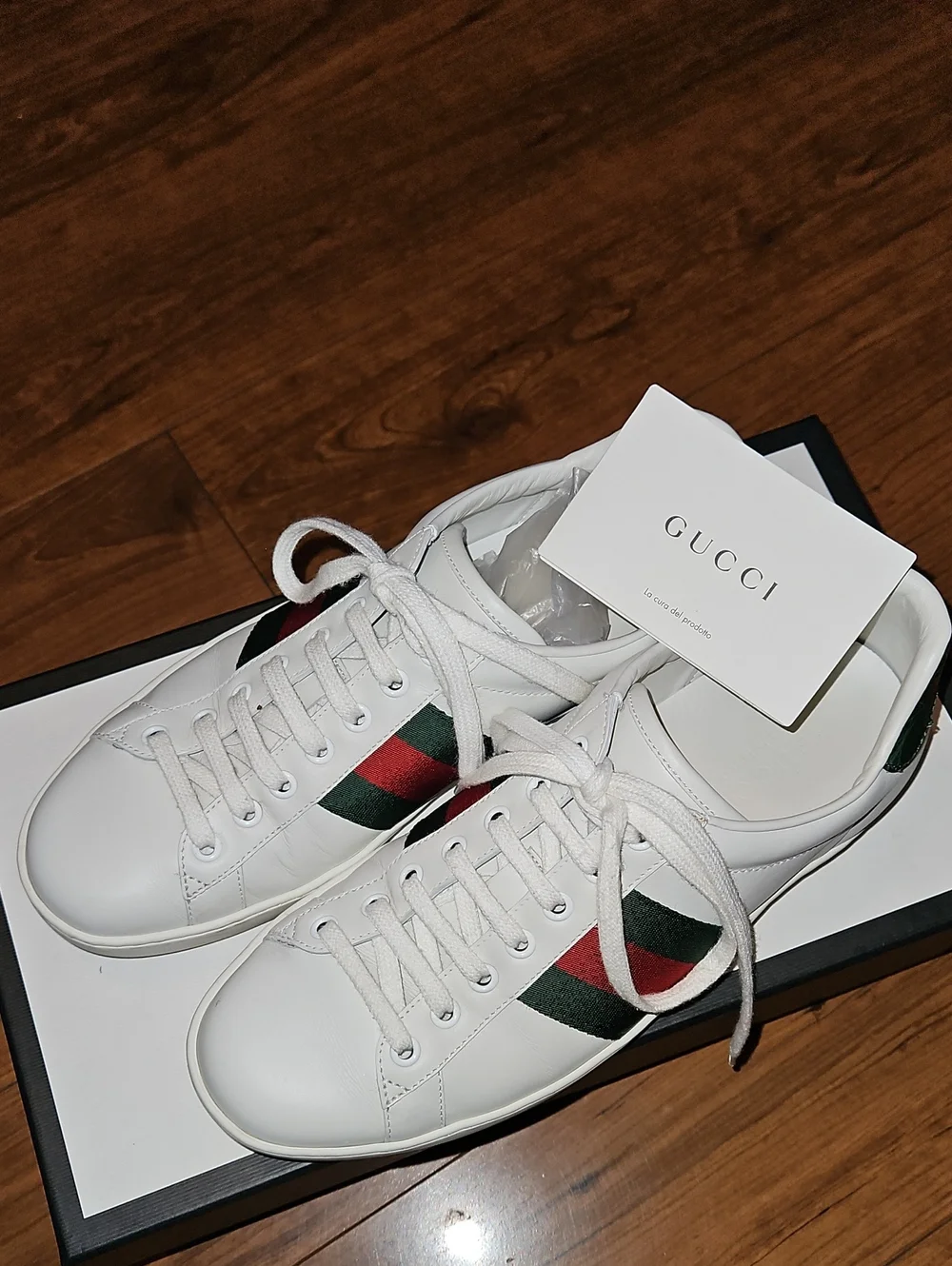Gucci Ace White Leather Sneakers with Green & Red Web Stripe